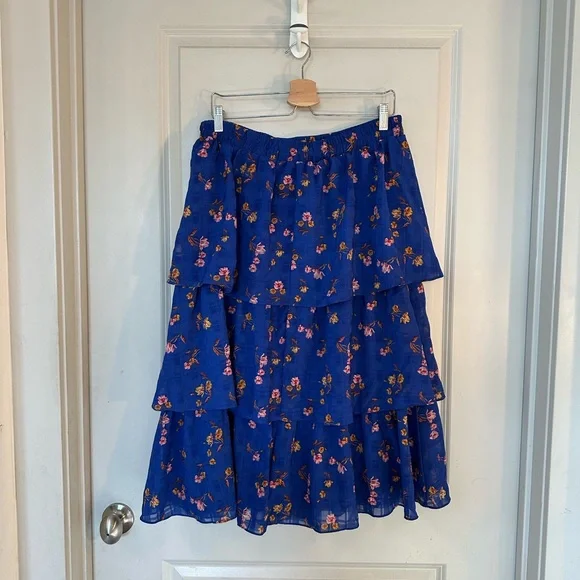 NEW Draper James RSVP Tiered Floral Ruffle Cobalt Blue Midi Skirt, Large - Picture 11 of 12